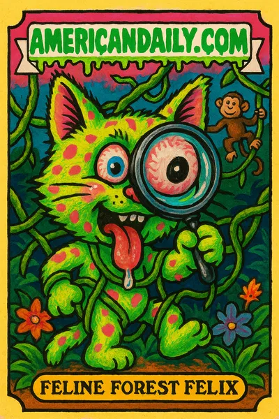 A grotesque trading card character named Feline Forest Felix, a spotted wildcat with exaggerated features, tangled in jungle vines.