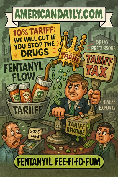 Parody trading card showing a giant cartoon scale titled "FENTANYL FLOW" filled with skull-marked pill bottles on one side, and a big lever labeled "TARIFF TAX" being pulled by a trade official on the other. A checkout counter consumer stares at a "2025 TAR-$" price tag. Top banner reads "AMERICANDAILY.COM."