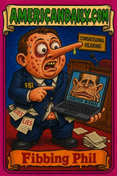 A caricatured FBI official with an extended nose, holding a laptop displaying Hunter Biden's face. Papers labeled 'LIES' spill from a bursting suit.