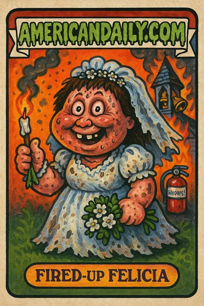 A grotesque bride holding a smoldering tampon smiling manically while a church burns in the background.