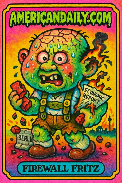 Garbage Pail-style card of Firewall Fritz, a crumbling wall-headed figure with exaggerated features, holding bricks amid a mini-exploding Berlin Wall.