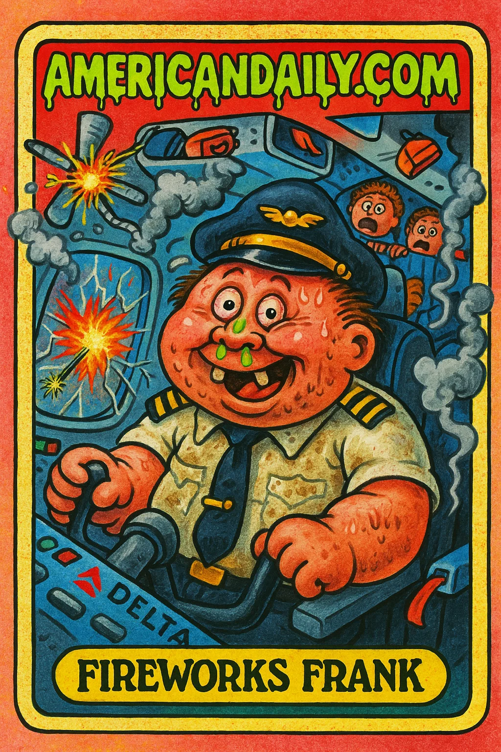A grotesque pilot named 'Fireworks Frank' sits in a Delta plane cockpit, looking panicked as fireworks explode outside and chaos unfolds inside.