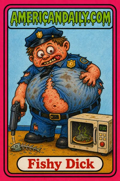 A grotesque cartoon detective in a patched police uniform balloons beneath his shirt while pointing a pistol at the floor; a small microwave containing fish sits nearby, under the AMERICANDAILY.COM logo.