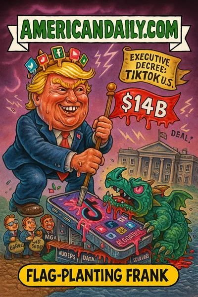 Cartoon of a monstrous Trump-like figure planting a flag "U.S. TikTok ≈ $14B" on a cracked floating smartphone island built of data servers and algorithm towers, a wounded dragon (ByteDance) below, corporate minions (Oracle, Silver Lake, MGX) surrounding with cash and scrolls, sky banner "Executive Decree: TikTok U.S."