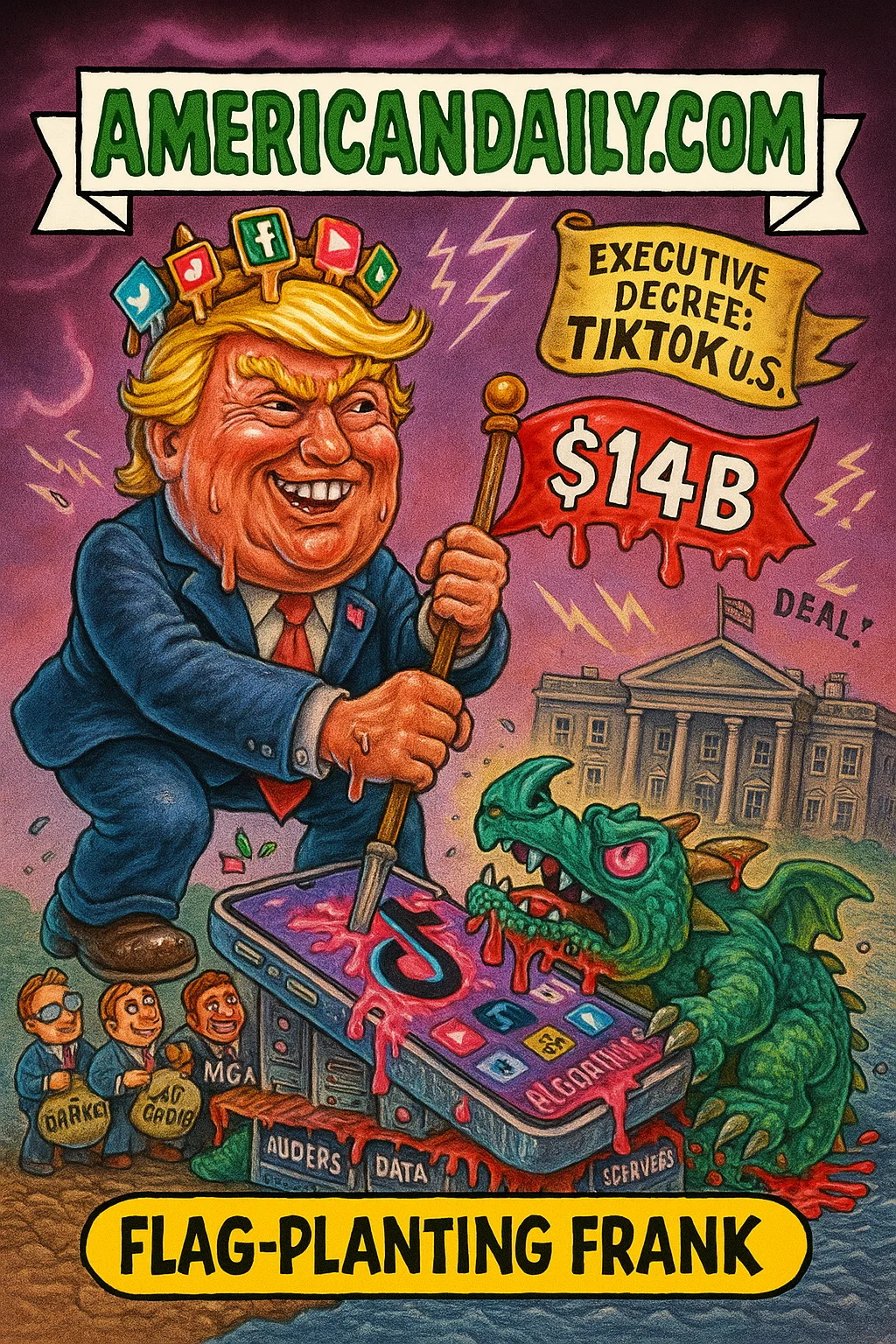 Cartoon of a monstrous Trump-like figure planting a flag "U.S. TikTok ≈ $14B" on a cracked floating smartphone island built of data servers and algorithm towers, a wounded dragon (ByteDance) below, corporate minions (Oracle, Silver Lake, MGX) surrounding with cash and scrolls, sky banner "Executive Decree: TikTok U.S."