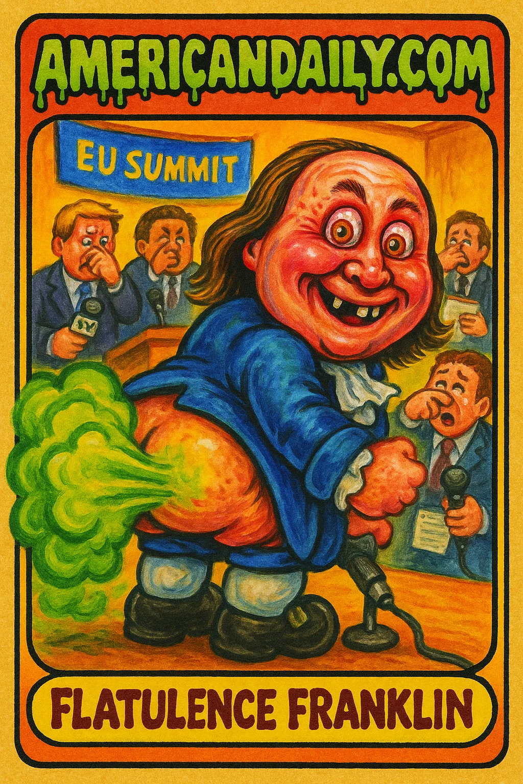 A grotesque cartoon character with a comically large backside unleashing green gas clouds, causing shocked reporters to flee at a summit.