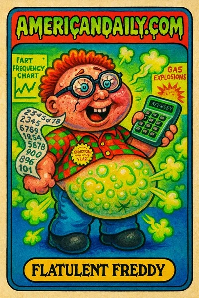 A grotesque Garbage Pail Kid-style character, Flatulent Freddy, with comically oversized head and exaggerated air bubbles in a lab-themed background.
