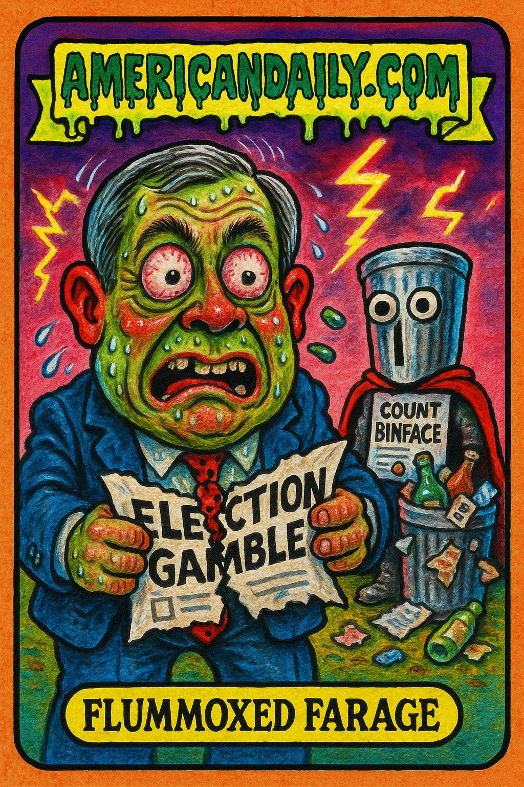 A satirical cartoon of Nigel Farage with an oversized head and bewildered expression, alongside Count Binface, a trash can character, under a stormy sky.