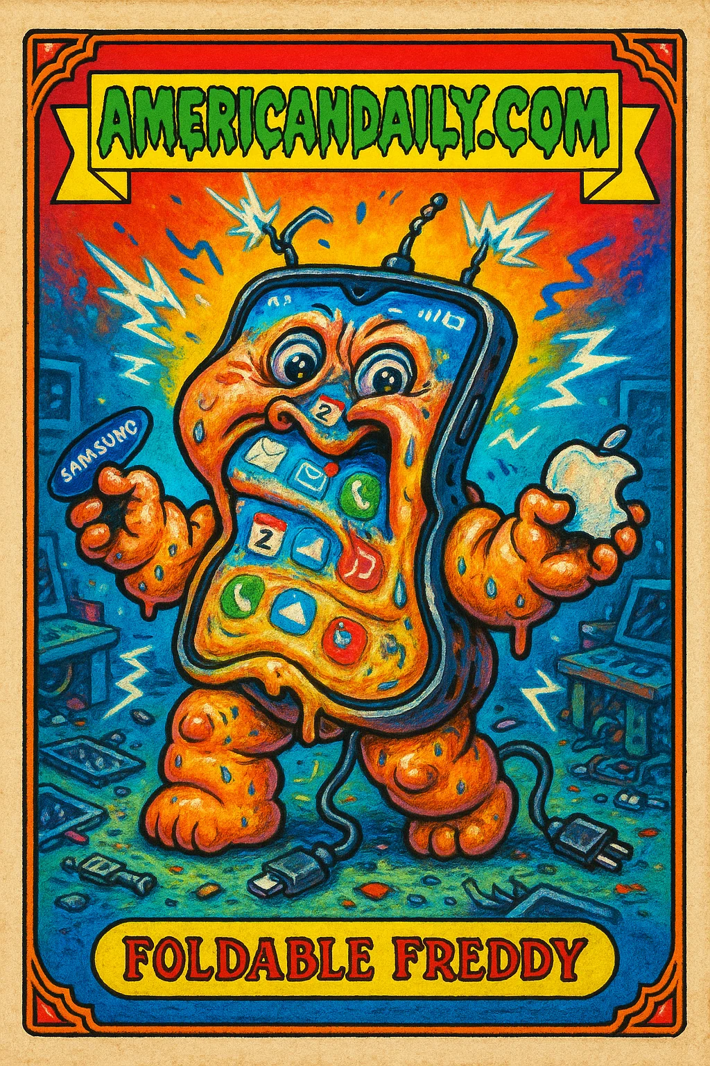 Cartoonish illustration of a grotesque folding smartphone character named Foldable Freddy, symbolizing the competition in the foldable phone market.