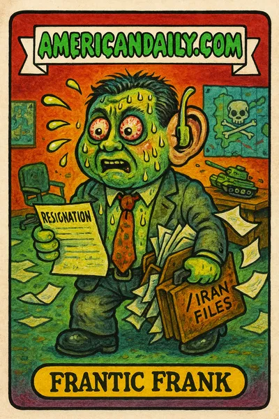 A chaotic intelligence official with ashy grey skin, bulging eyes, sweating profusely, holding a resignation letter with papers flying, in a chaotic war room.