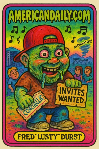 A grotesque parody of Fred Durst with exaggerated features and festival backdrop, highlighting his desire for a Coachella alternative.