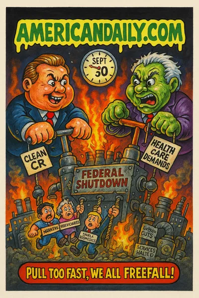 Cartoon parody of two monstrous political figures pressing levers over a smoking "Shutdown Machine," with citizens hanging by ropes, a clock ticking to Sept. 30, top banner "AMERICANDAILY.COM."