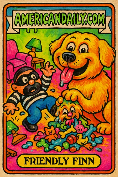 An ugly yet funny golden retriever offers toys to a comical burglar in a chaotic, bright living room setting.