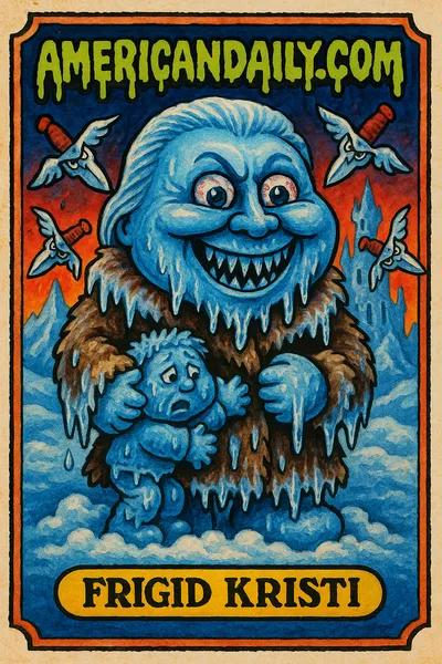 Grotesque caricature of 'Frigid Kristi' with icy-blue skin, fur coat, chilling landscape with cupid knives. Comically tiny 'Corey' clings on desperately.
