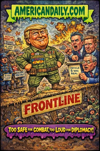 Cartoon satirical scene of a confident Trump figure far behind a battlefield trench while caricature NATO troops hold ground, with angry world leaders reacting.