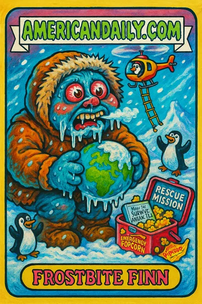 A grotesque character dressed in a damaged parka with a huge globe, icicle features, and a comedy helicopter with a penguin pilot against a snowy background.