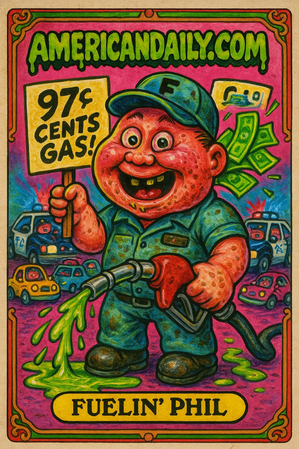 Fuelin' Phil, a grotesque attendant with a massive grin and mismatched eyes, spills gas from a nozzle. Cars rush to the cheap gas scene. Police lights flash.