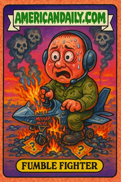 A cartoonish pilot with exaggerated features in a malfunctioning cockpit, surrounded by flames and wreckage, humorously illustrating the F-35B crash.
