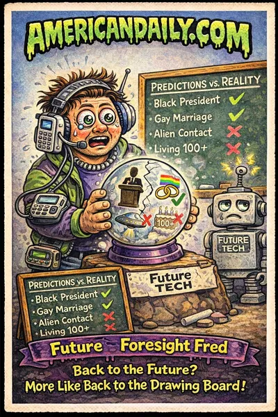 Cartoon 1998 time-traveler with crystal ball showing hits and misses of predictions for 2025, in a trading card parody.