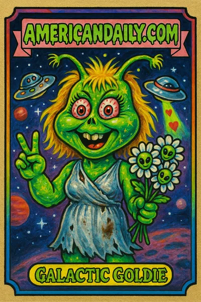 A grotesque trading card featuring 'Galactic Goldie' with alien features and comical props inspired by Goldie Hawn's alien encounter.