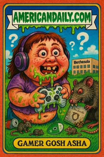 A grotesque caricature of Xbox CEO Asha Sharma holding a slimy Xbox controller, oblivious to a giant rat gnawing on an Elder Scrolls case beside her.