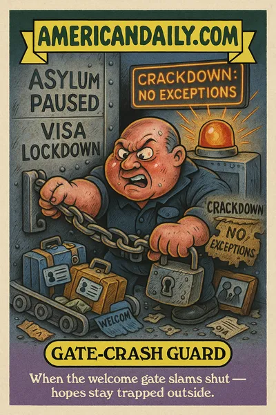 Cartoon trading-card showing "Gate-Crash Guard", a harsh border-enforcer figure slamming chains on a steel gate stamped "ASYLUM: PAUSED" / "VISA LOCKDOWN". A flashing alarm bell reads "NATIONAL GUARD SECURITY ALERT". In front, a conveyor belt is jammed with suitcases, passports and small cartoon people labelled "Asylee", "Refugee", "Green Card Applicant". Torn welcome mats, ripped visas and broken family-photo frames litter the ground. Top banner: "AMERICANDAILY.COM". Bottom nameplate: "GATE-CRASH GUARD" with caption "When the welcome gate slams shut - hopes stay trapped outside."