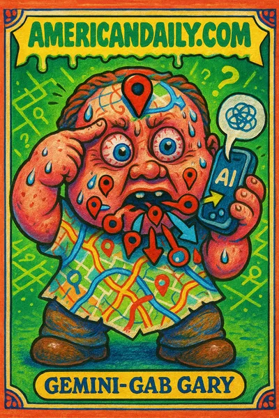 A caricature of Google Maps' AI update, 'Gemini-Gab Gary' overwhelmed by directions, displayed humorously as a grotesque Garbage Pail Kid.