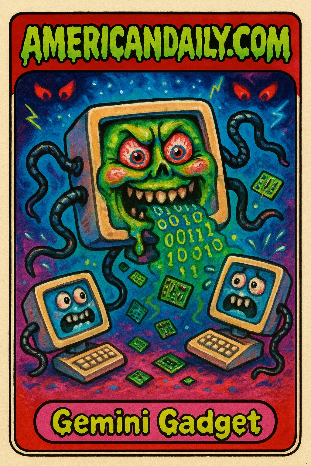 Trading card titled 'Gemini Gadget' depicts a grotesque AI computer with wires hacking smaller computers, binary codes flying.