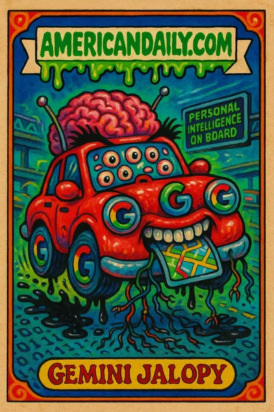 A comically grotesque AI car with an oversized brain under Google’s branding, symbolizing the invasive introduction of AI personal intelligence into automobiles.