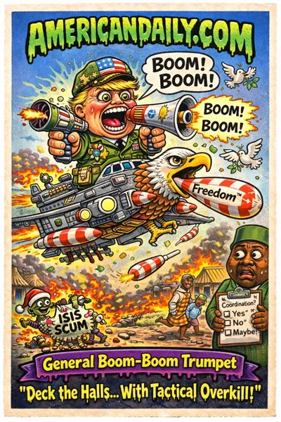 Cartoon "General Boom-Boom Trumpet" flying battleship with rocket hands firing candy-cane missiles over a chaotic landscape, satirizing U.S. strikes on ISIS in Nigeria.