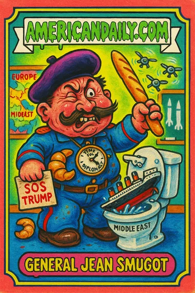 A grotesque caricature of a French General with exaggerated features holding a model Titanic sinking into a toilet labeled 'Middle East', swatting away drones with a baguette.