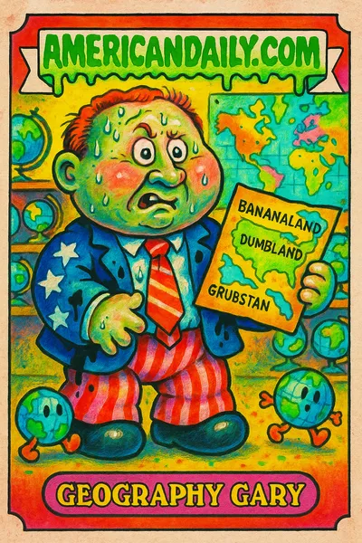 A grotesque bureaucrat comically misrepresents a map of Africa, wearing an ill-fitting suit stained with ink, surrounded by playful chaos in his office.