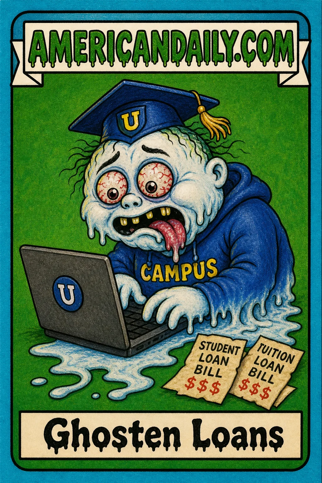A grotesque cartoon college kid in a crooked graduation cap hunches over a laptop as the lower half of the kid’s body melts into a puddle. The kid has bloodshot bulging eyes and snaggle teeth, with two loan bills nearby; the card is titled “Ghosten Loans.”