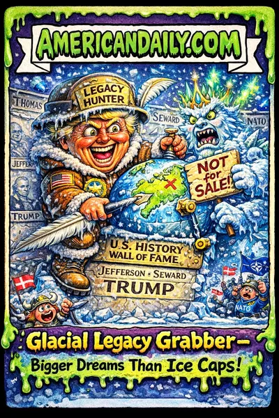 A Garbage Pail Kids-style cartoon of Trump in explorer gear trying to bolt a giant Greenland ice monster onto a history wall, with Danish Vikings and NATO figures in a snowy scene, slime-dripping Americandaily.com banner.