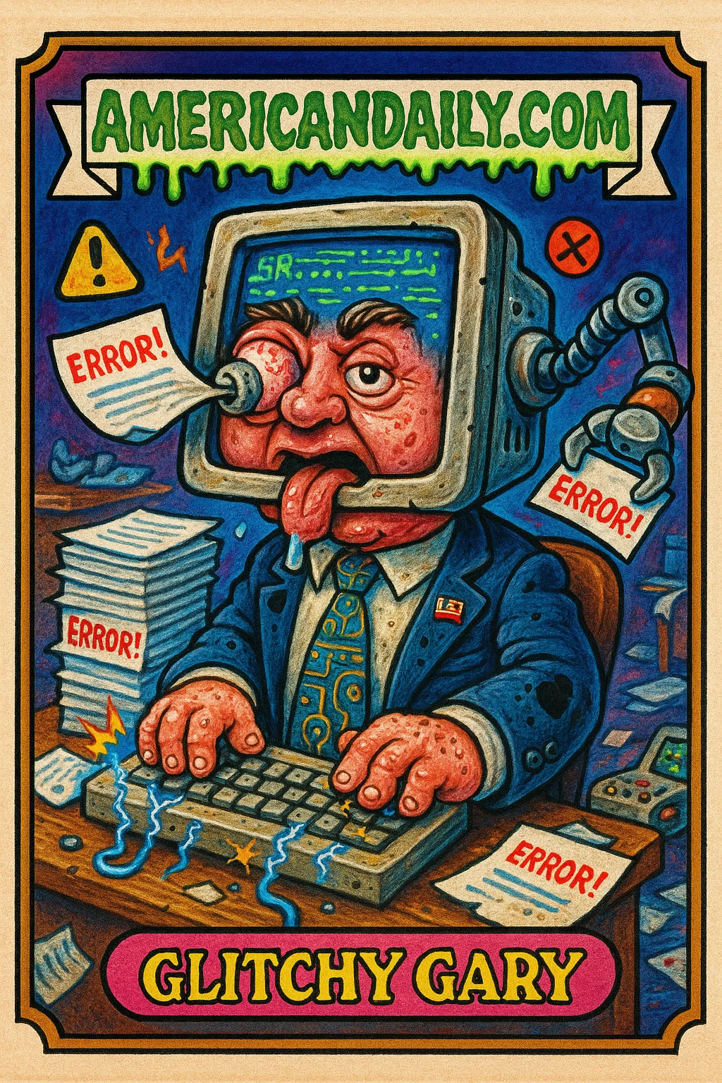 A trading card depicting 'Glitchy Gary', a congressman with a computer monitor head, surrounded by error-filled AI bills and malfunctioning tech in a chaotic office setting.