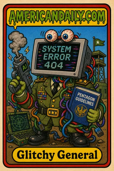 A trading card of a military general with a computer monitor head, bulging eyes, tangled in wires, holding a malfunctioning AI weapon and ignored guidelines manual.