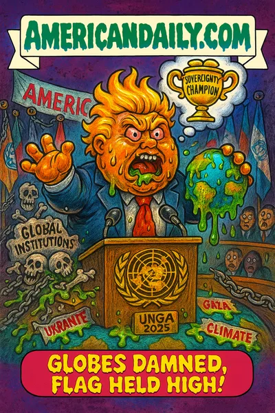 Cartoon parody of a monstrous Trump-figure clutching a cracked, slime-oozing globe at a UN podium, skeletons of "Globalist Institutions" collapsing behind him, many nations' flags drooping, thought bubble with trophy "Sovereignty Champion," crises labeled around stage edges.
