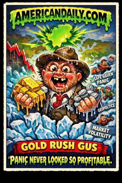 Grotesque cartoon prospector bursting from a Greenland glacier holding melting gold and silver as markets panic, in Garbage Pail Kids style satire.