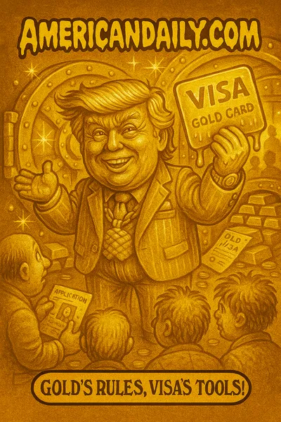 Caricature of Trump in gold suit holding a glowing gold Visa card, background vault of gold bars, crowd of visa holders with worn papers, banner AMERICANDAILY.COM, caption Gold's Rules, Visa's Tools!