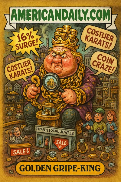 Cartoon parody trading card: a heavy "Golden Gripe-King" clothed in gold bars and chains sits on a throne of jewelry boxes, peering through a magnifier at a small jeweler's shop. Floating bubbles read "16% Surge!," "Costlier Karats!," "Plain Gold Stalls!," "Coin Craze!" The jeweler stands behind an empty counter labeled "Titan / Local Jewels," people leaving with empty wallets. The background shows gold mines and crumbling storefronts. Top banner: "AMERICANDAILY.COM."
