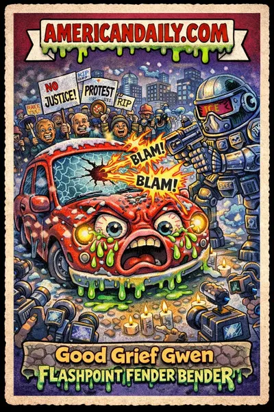 Cartoon parody card of a sentient car named Good Grief Gwen getting hit by a gunshot from a robot ICE agent amid protest signs and cameras in Minneapolis.