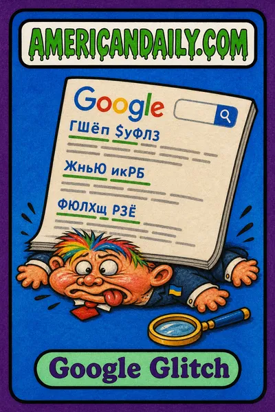 A grotesque cartoon executive kid is squashed flat beneath an oversized search-results page, with a small Ukrainian flag pin and magnifying glass. The retro trading card has an AmericanDaily.com logo and the name Google Glitch.