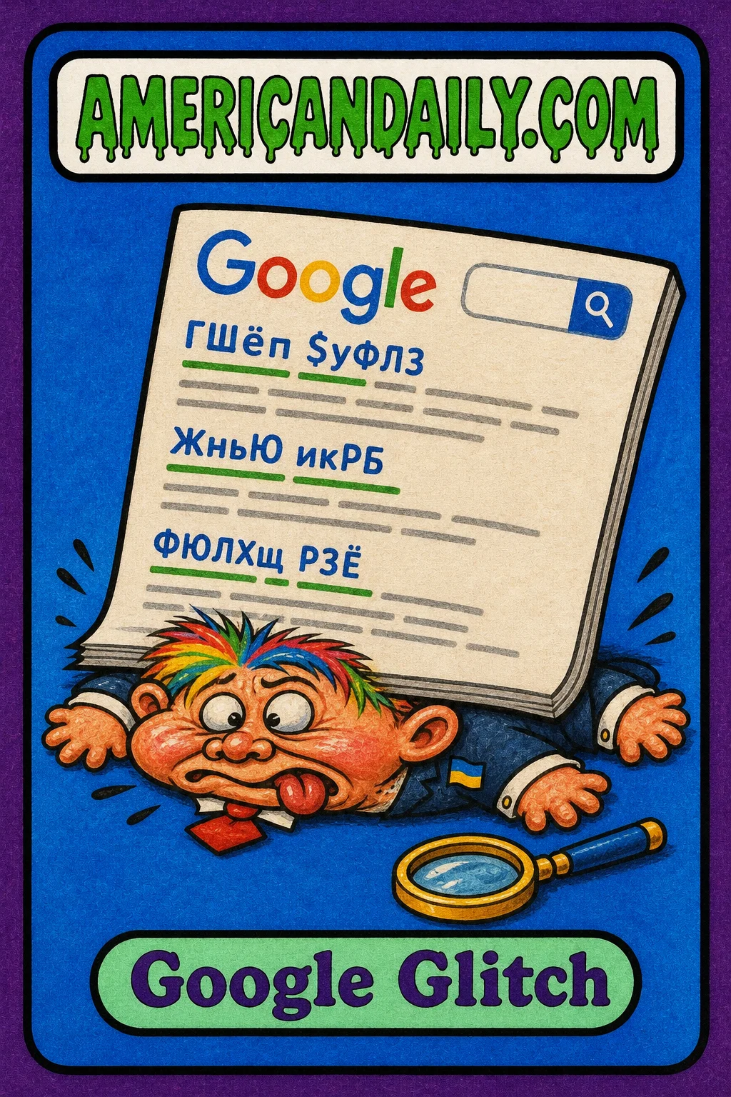 A grotesque cartoon executive kid is squashed flat beneath an oversized search-results page, with a small Ukrainian flag pin and magnifying glass. The retro trading card has an AmericanDaily.com logo and the name Google Glitch.