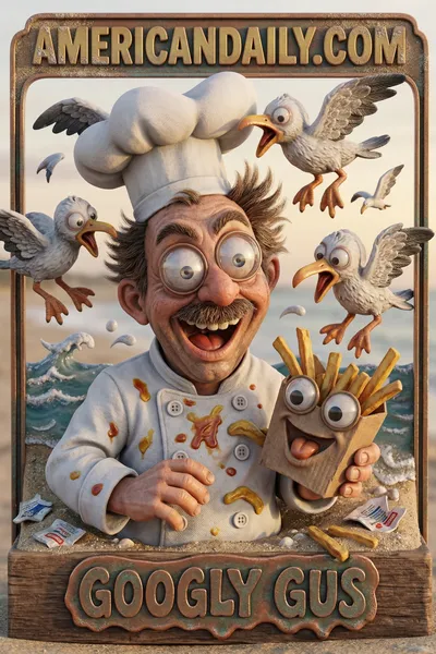 Grotesque chef with googly-eyed takeaway box fighting off seagulls adorned with exaggerated googly eyes, set in a chaotic seaside backdrop. — 3D version
