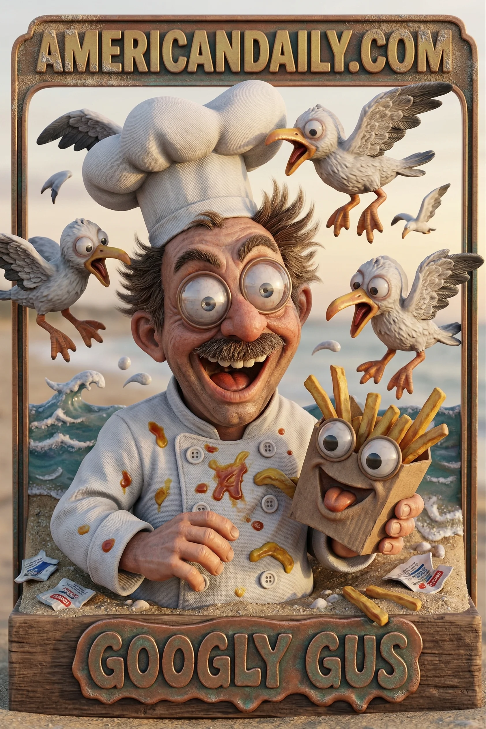 Grotesque chef with googly-eyed takeaway box fighting off seagulls adorned with exaggerated googly eyes, set in a chaotic seaside backdrop. — 3D version