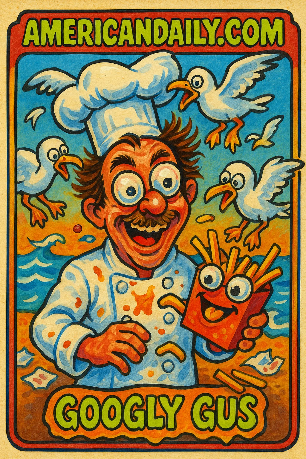 Grotesque chef with googly-eyed takeaway box fighting off seagulls adorned with exaggerated googly eyes, set in a chaotic seaside backdrop.