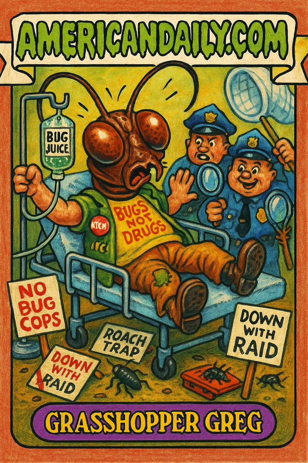 A satirical trading card depicting a Cockroach Party activist as a cockroach-human hybrid on a hospital gurney, with bug-catching policemen.