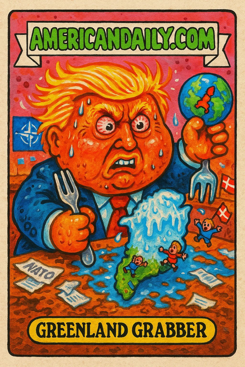 Grotesque caricature of Trump as 'Greenland Grabber', clutching a miniature Greenland in a chaotic NATO room. Bright colors and exaggerated features.