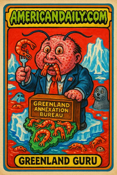 A trading card with 'Greenland Guru', depicting a U.S. official with a shrimp-shaped head and antennae, highlighting the bizarre proposal of annexing Greenland to save Red Lobster's shrimp.
