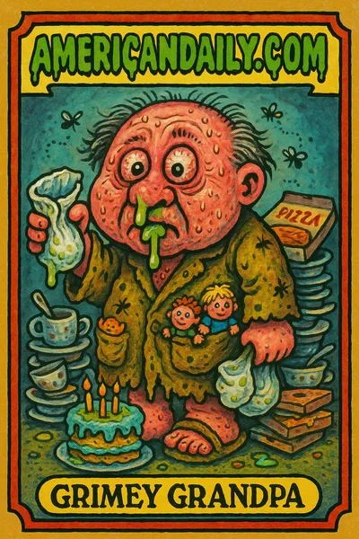 A grotesque character, 'Grimey Grandpa', with an exaggeratedly large head, greasy hair, and snot-dripping nose, stands in a filthy environment filled with junk representing neglect and chaos.